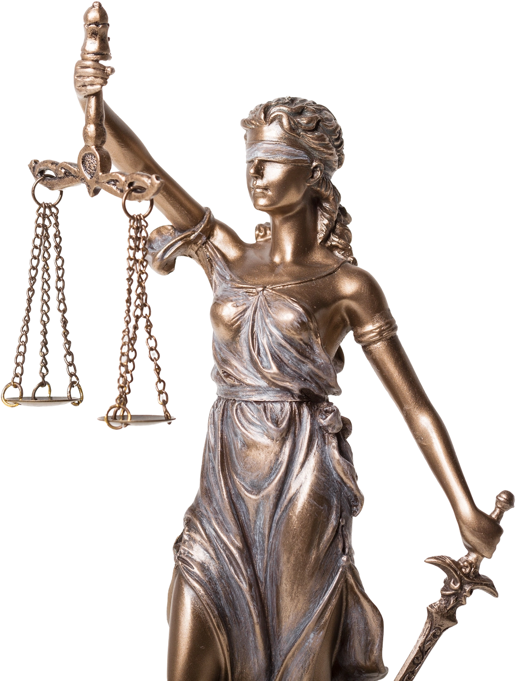 Blindfolded Lady Justice statue with scales.