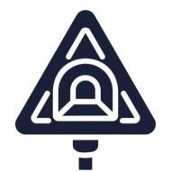 A triangular road sign with a black spiral arrow pointing left on a white background.