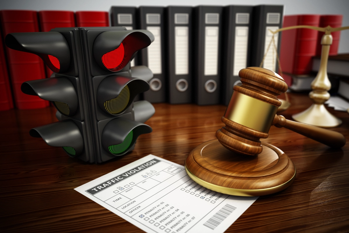 Traffic violation ticket, gavel, and traffic light.