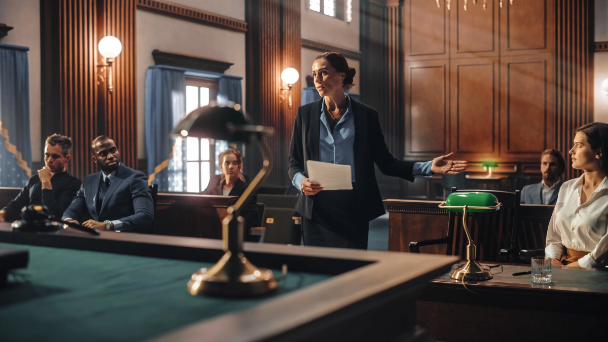 Courtroom scene with lawyer presenting evidence.